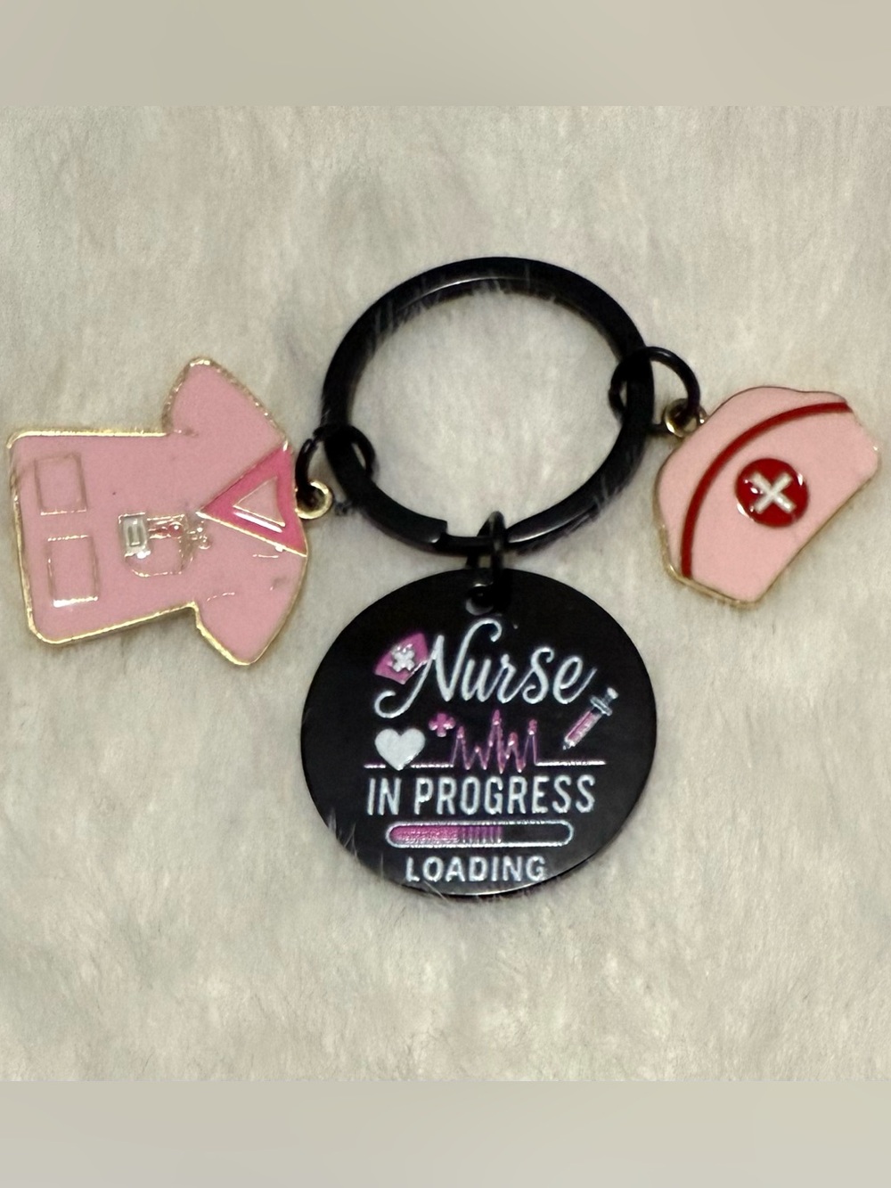 Nurse In Progress Keychain with Pink Scrub & Cap Charms